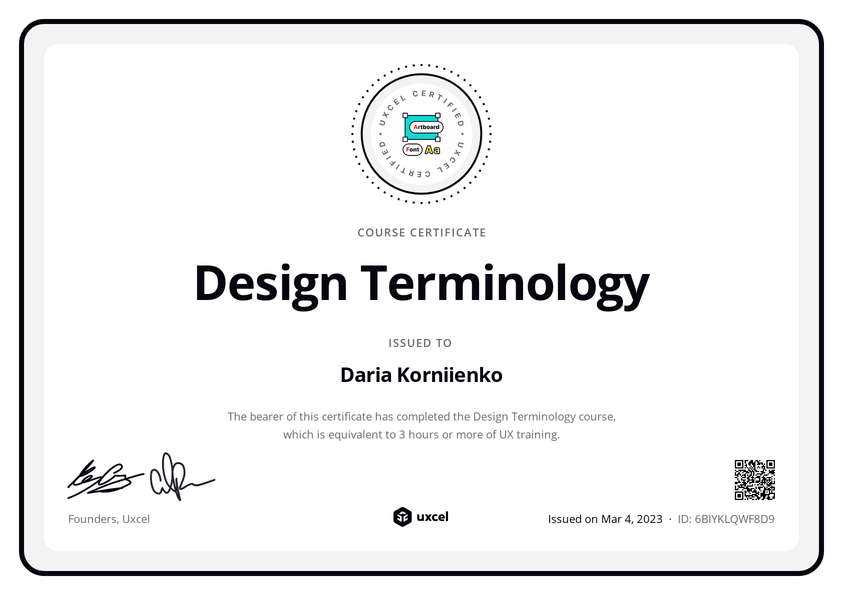 Daria Korniienko's certificate